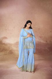 Georgette Embroidered Sharara Set with Sequin Work Top and Dupatta - BLUE