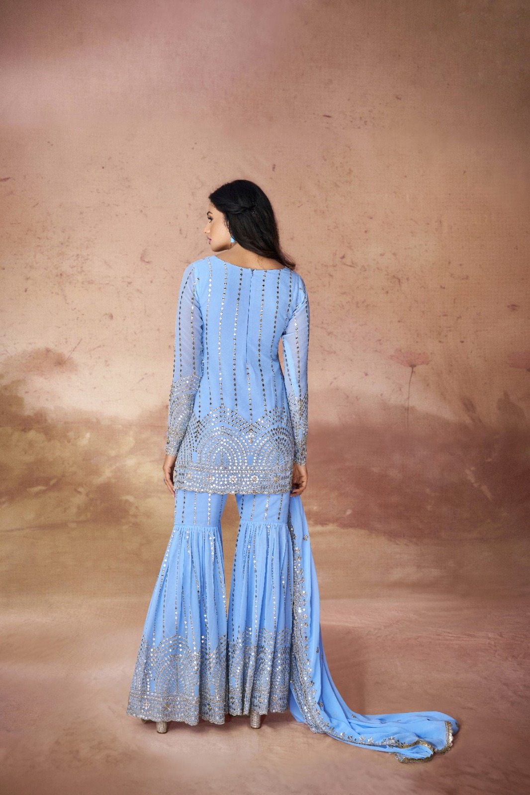 Georgette Embroidered Sharara Set with Sequin Work Top and Dupatta