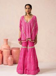 Georgette  Sharara Set with Heavy Thread, Sequin and Mirror Embroidery - PINK