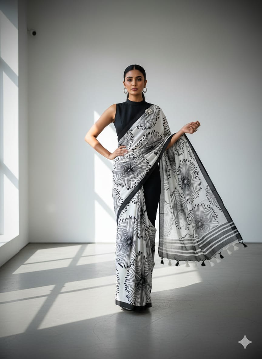 Aesthetic Monochrome Marshmallow Georgette Saree