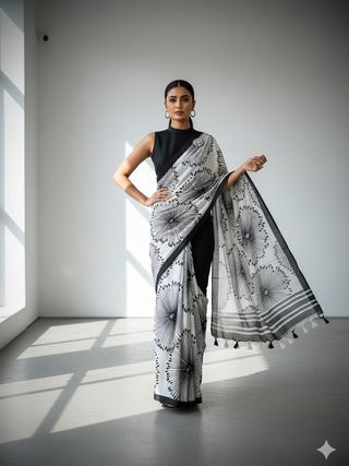 Aesthetic Monochrome Marshmallow Georgette Saree
