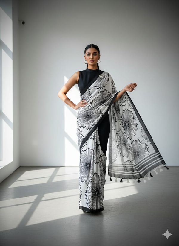 Aesthetic Monochrome Marshmallow Georgette Saree