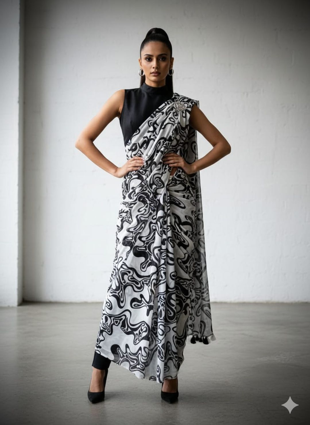 Aesthetic Monochrome Marshmallow Georgette Saree