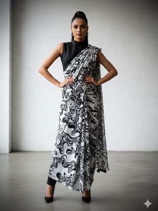 Aesthetic Monochrome Marshmallow Georgette Saree