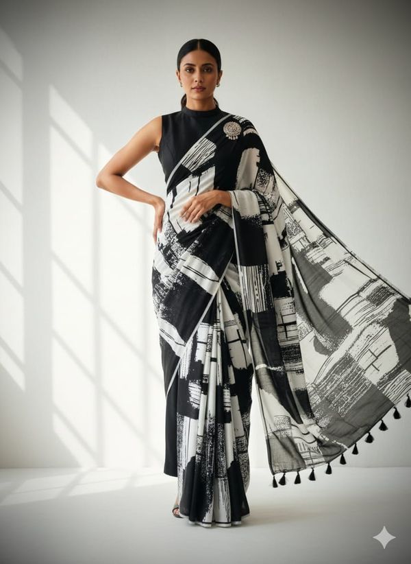 Aesthetic Monochrome Marshmallow Georgette Saree