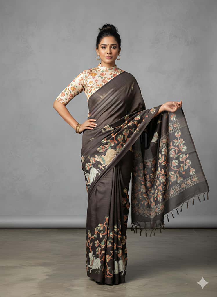 Heavy Handloom Tussar Silk Saree with Animal Digital Print