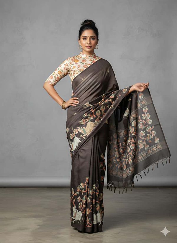Heavy Handloom Tussar Silk Saree With Animal Digital Print