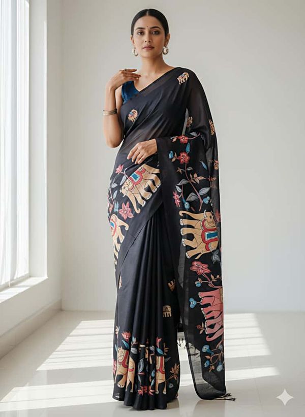 Heavy Handloom Tussar Silk Saree With Animal Digital Print