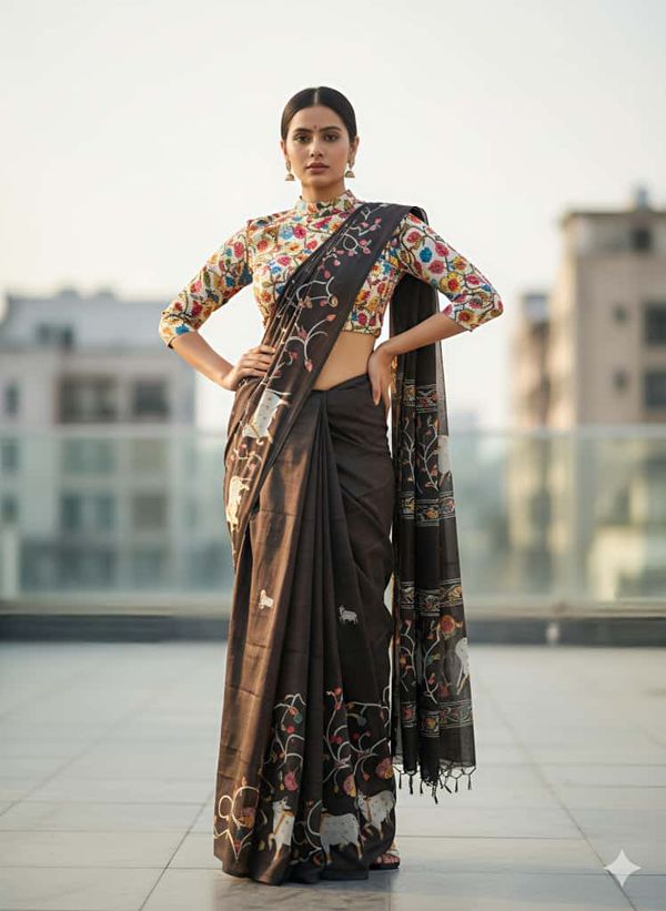 Heavy Handloom Tussar Silk Saree with Animal Digital Print