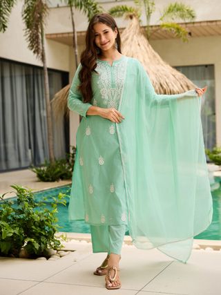 Cotton Embroidered Kurti Pant Set with Nylon Dupatta for Women