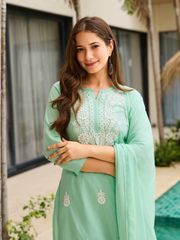 Cotton Embroidered Kurti Pant Set with Nylon Dupatta for Women