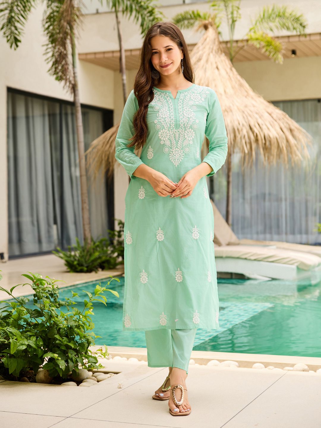 Cotton Embroidered Kurti Pant Set with Nylon Dupatta for Women