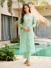 Cotton Embroidered Kurti Pant Set with Nylon Dupatta for Women