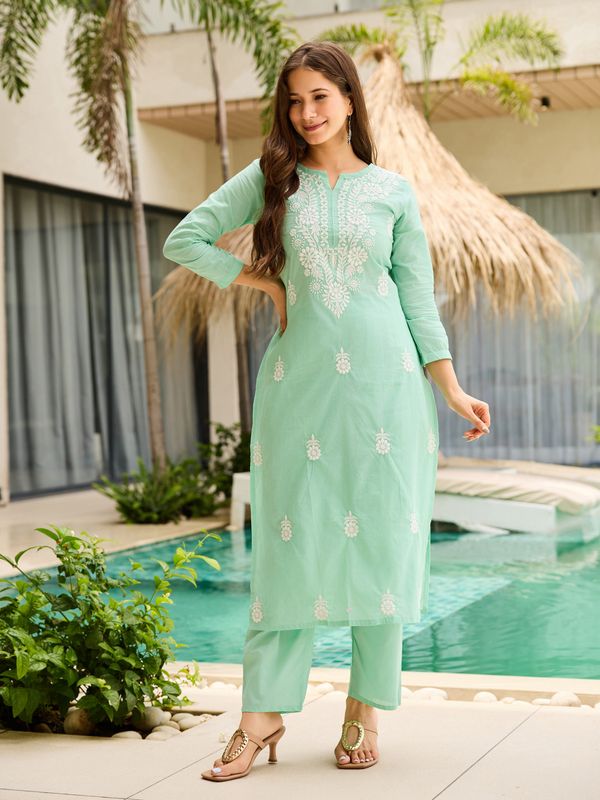 Cotton Embroidered Kurti Pant Set with Nylon Dupatta for Women
