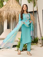 Viscose Embroidered Kurti Pant Set with Organza Dupatta for Women