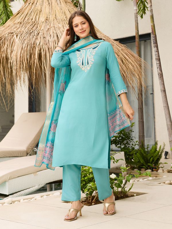 Viscose Embroidered Kurti Pant Set with Organza Dupatta for Women
