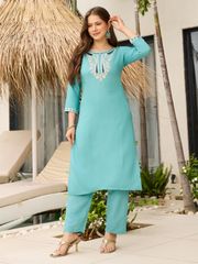 Viscose Embroidered Kurti Pant Set with Organza Dupatta for Women