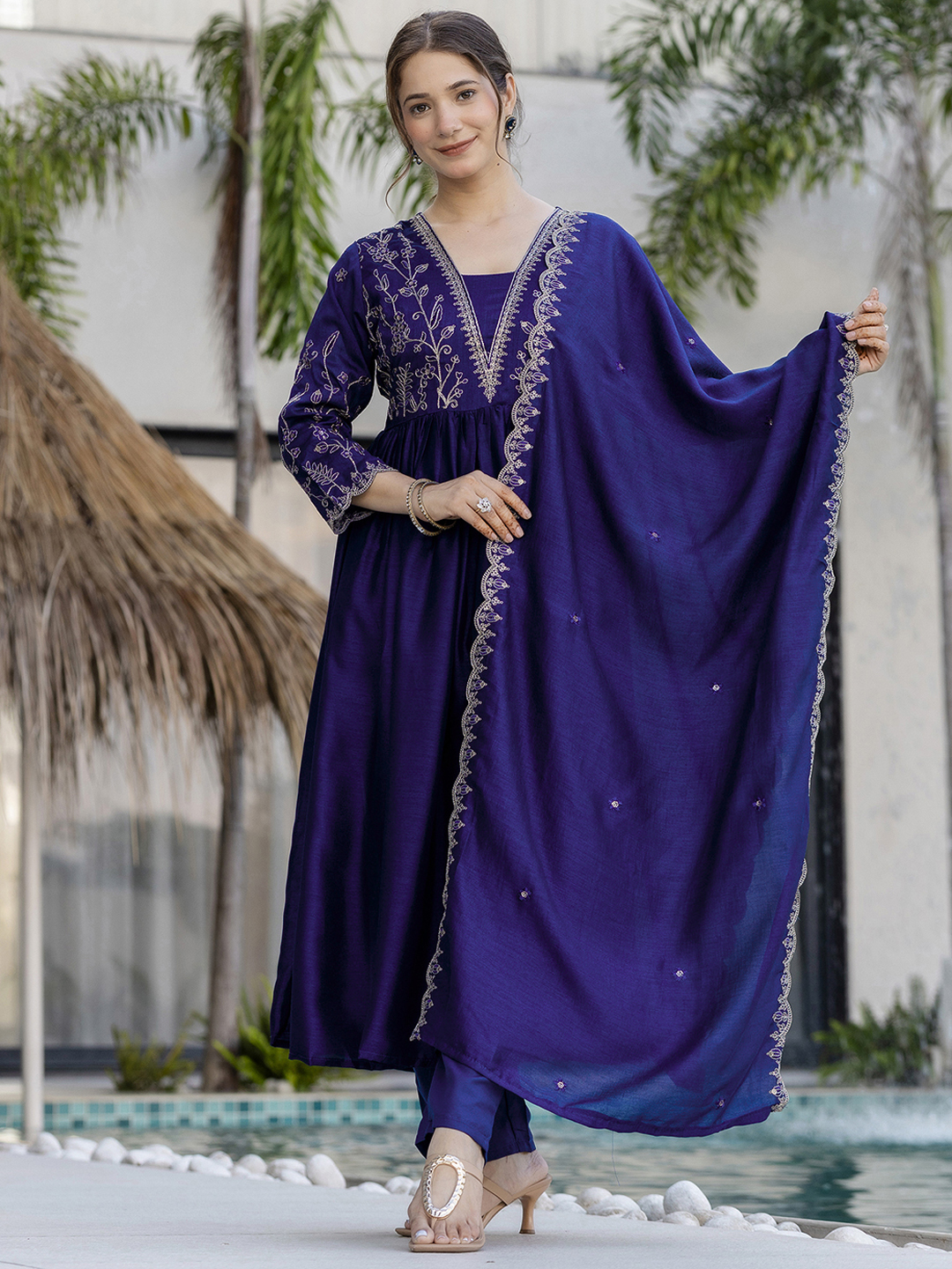 Silk Embroidered Kurti Pant Set with Matching Dupatta
