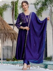 Silk Embroidered Kurti Pant Set with Matching Dupatta