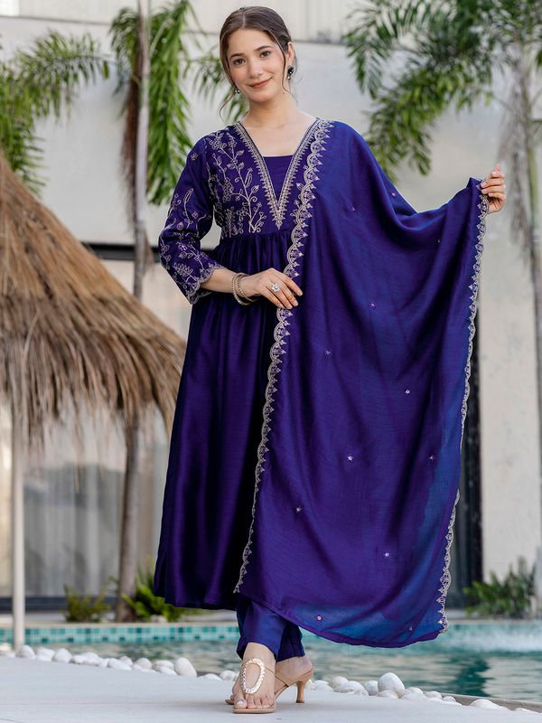 Silk Embroidered Kurti Pant Set With Matching Dupatta