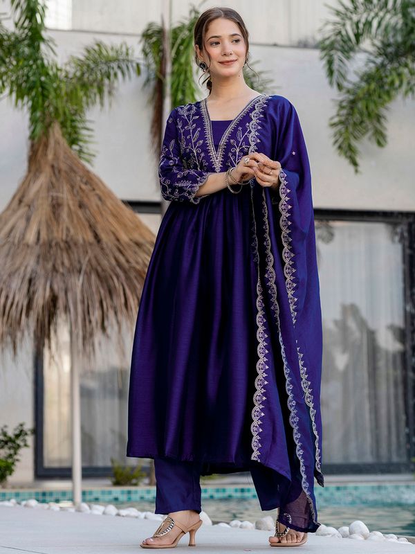 Silk Embroidered Kurti Pant Set With Matching Dupatta