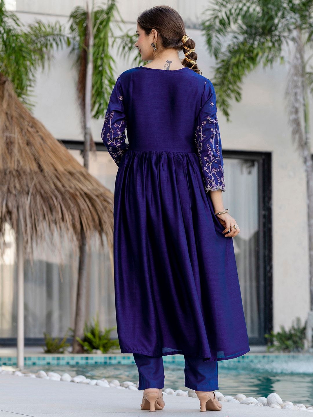 Silk Embroidered Kurti Pant Set with Matching Dupatta