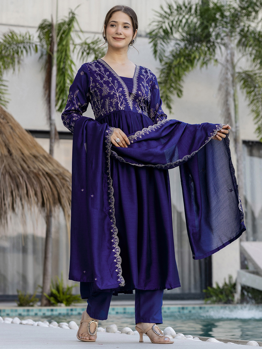Silk Embroidered Kurti Pant Set with Matching Dupatta