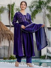 Silk Embroidered Kurti Pant Set with Matching Dupatta