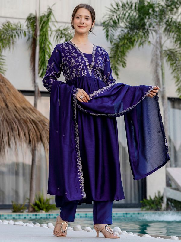 Silk Embroidered Kurti Pant Set with Matching Dupatta