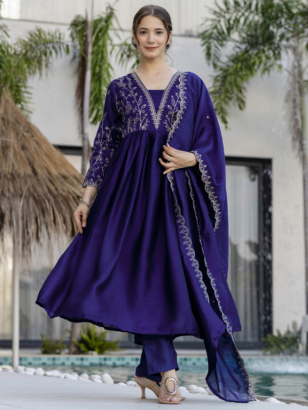 Silk Embroidered Kurti Pant Set with Matching Dupatta