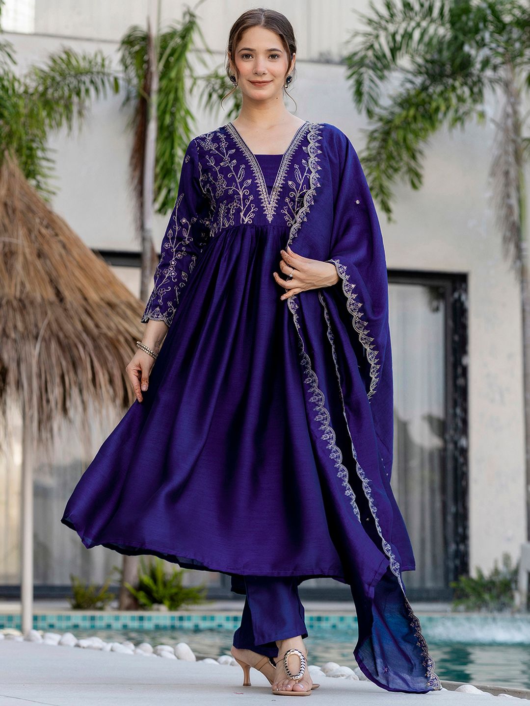 Silk Embroidered Kurti Pant Set with Matching Dupatta