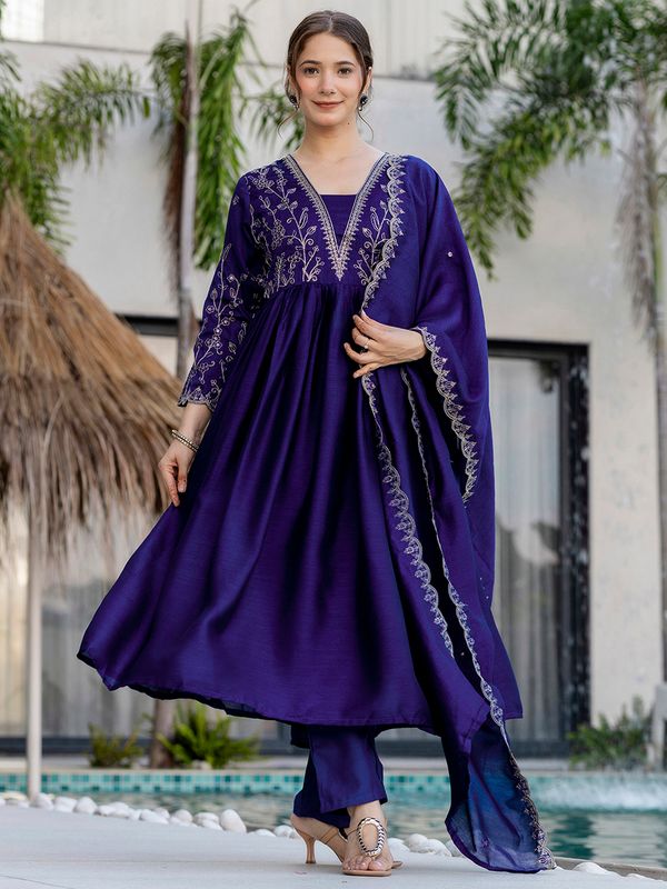 Silk Embroidered Kurti Pant Set with Matching Dupatta