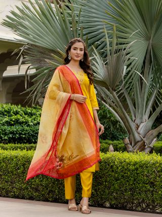 Rayon Embroidered Kurti Pant Set with Taby Dupatta for Women