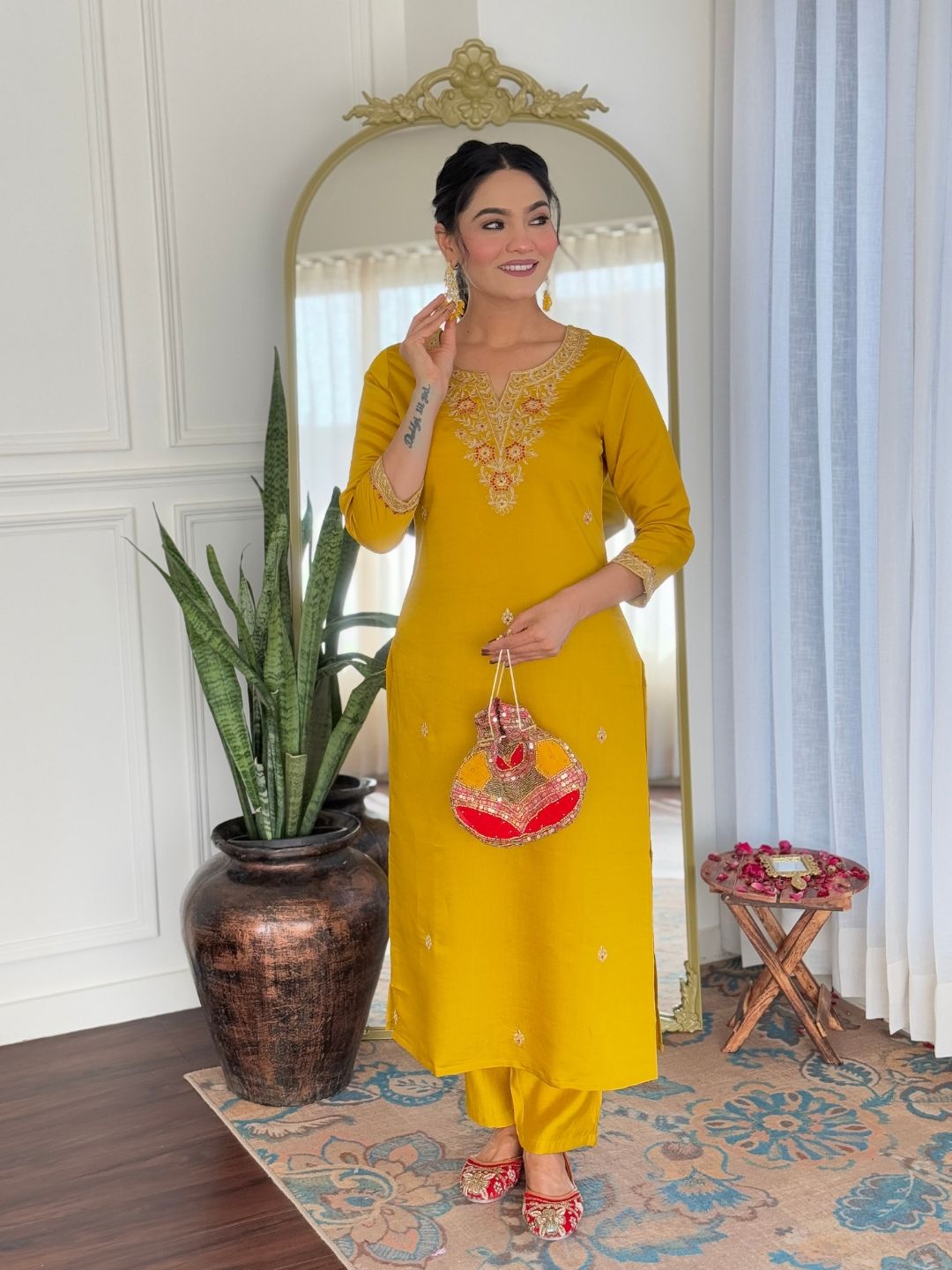 Rayon Embroidered Kurti Pant Set with Taby Dupatta for Women