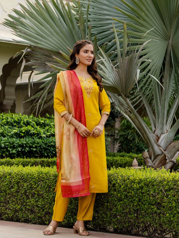 Rayon Embroidered Kurti Pant Set with Taby Dupatta for Women