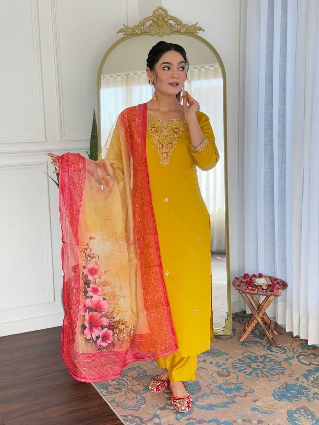 Rayon Embroidered Kurti Pant Set with Taby Dupatta for Women
