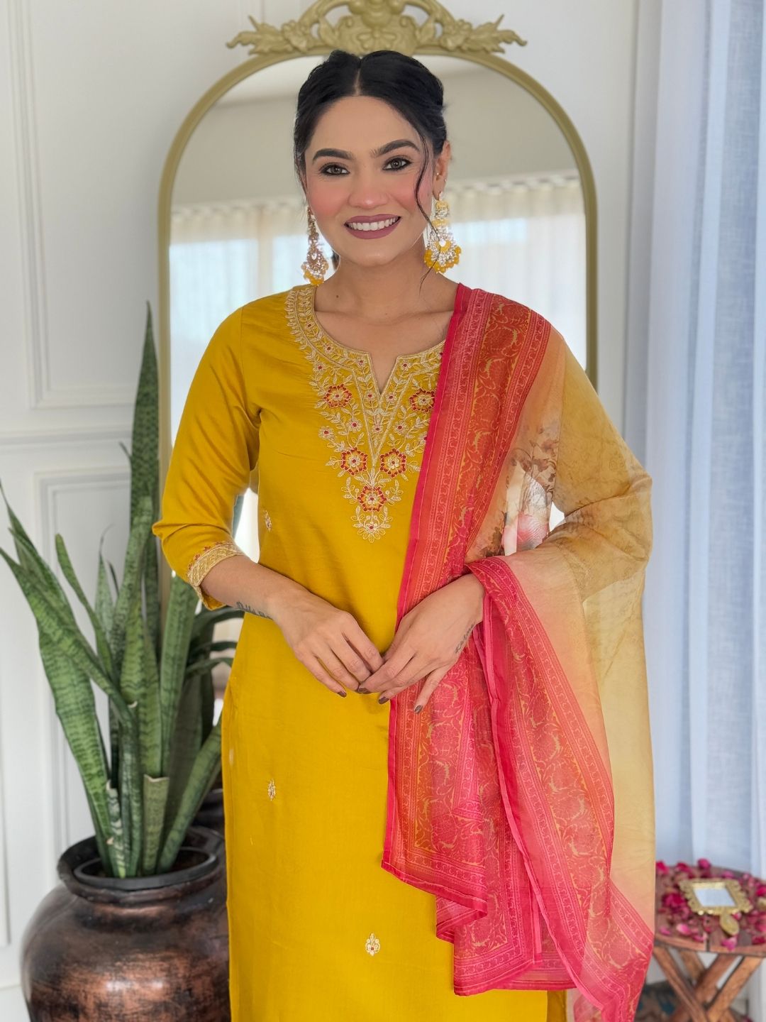 Rayon Embroidered Kurti Pant Set with Taby Dupatta for Women