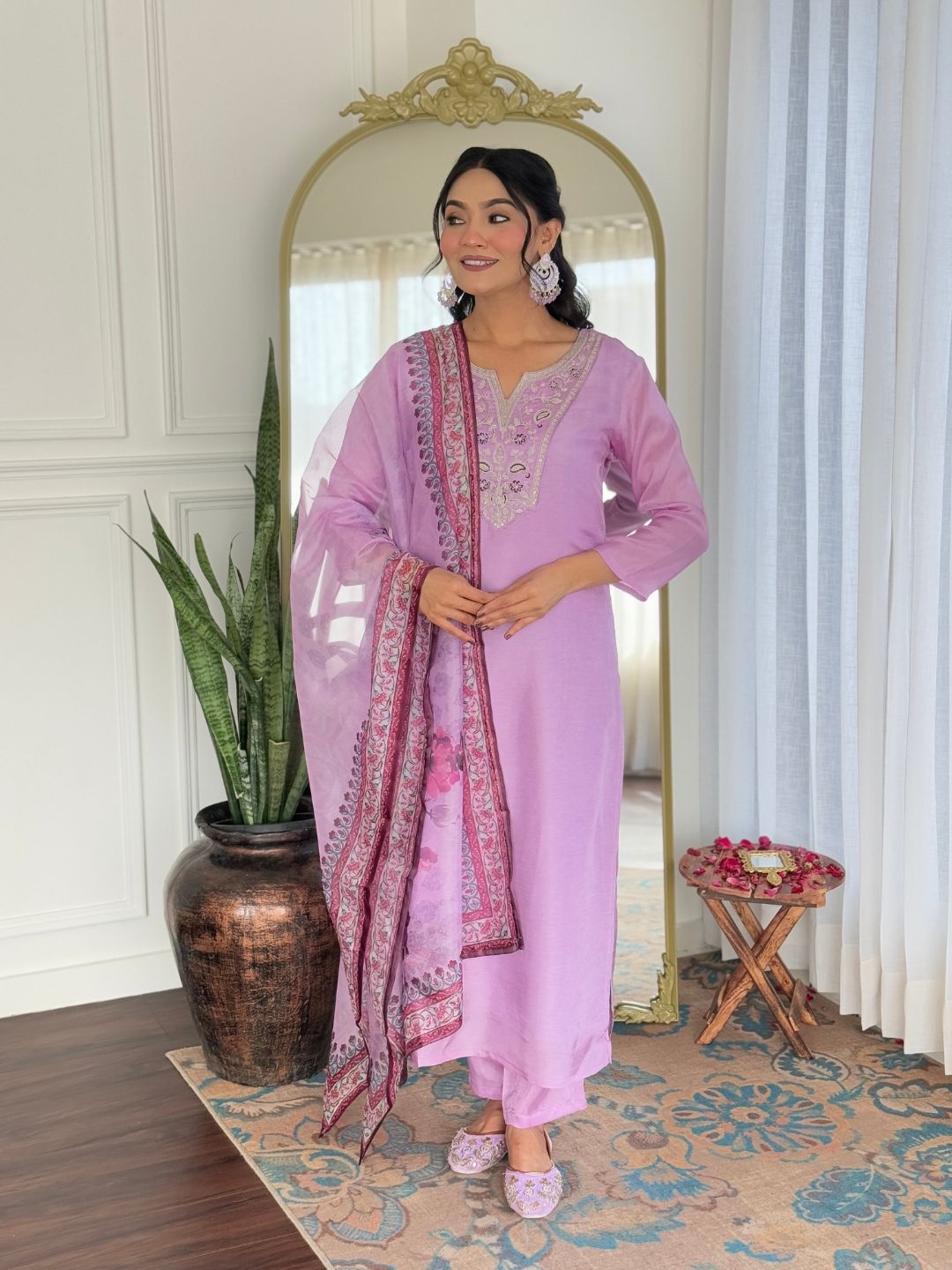 Lavender Kurti Pant Set with Dupatta