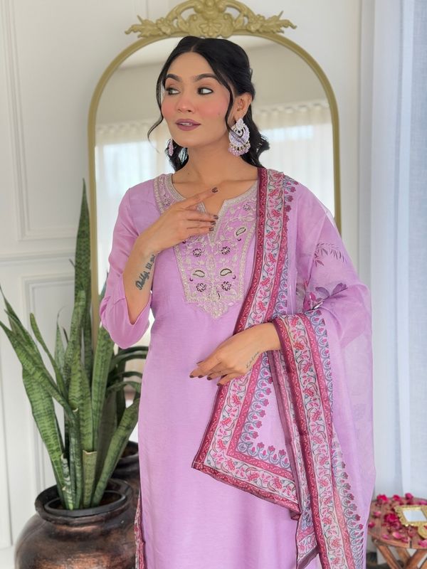 Lavender Kurti Pant Set with Dupatta