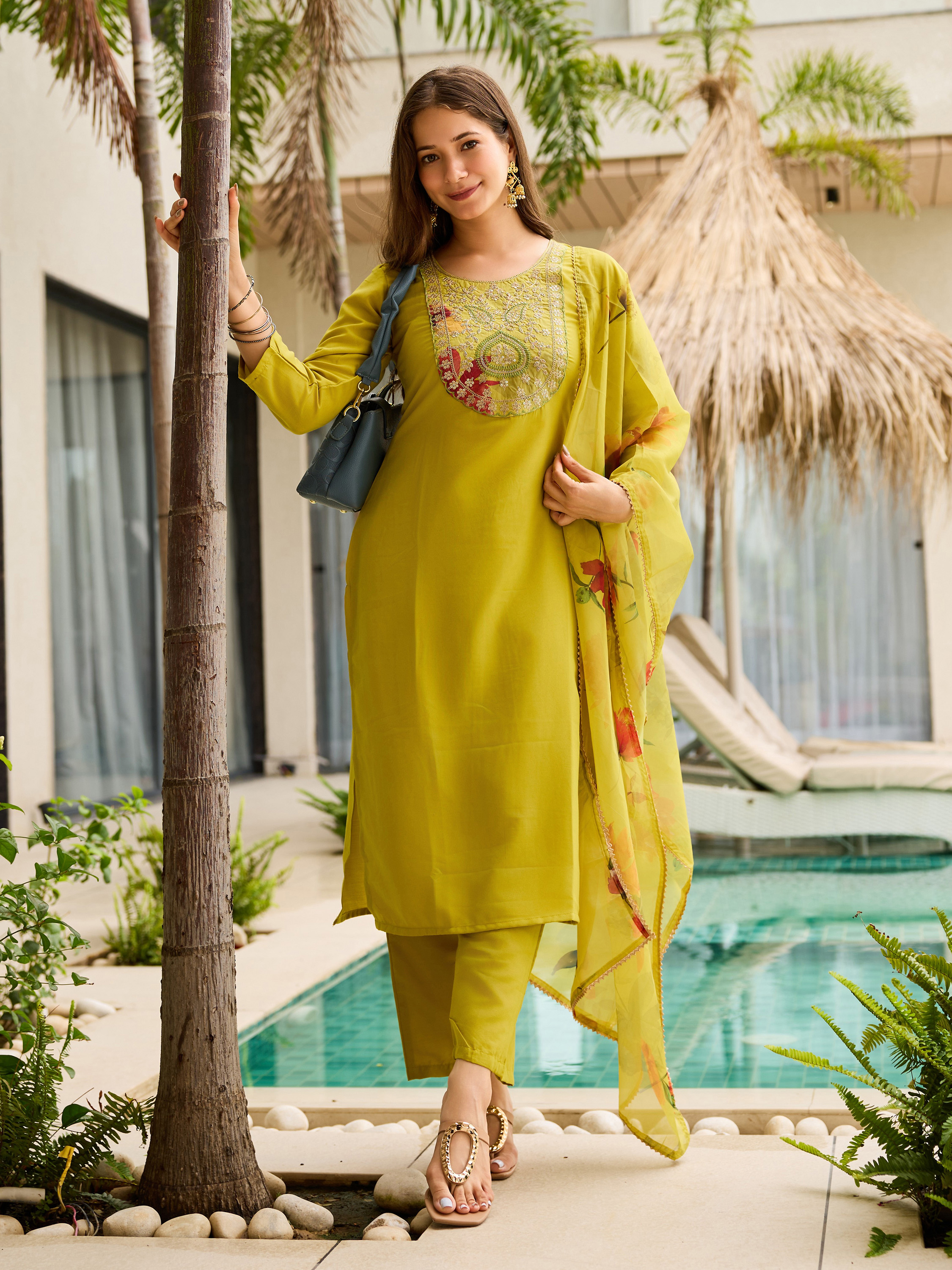 Yellow  Kurti Pant Set with Taby Dupatta