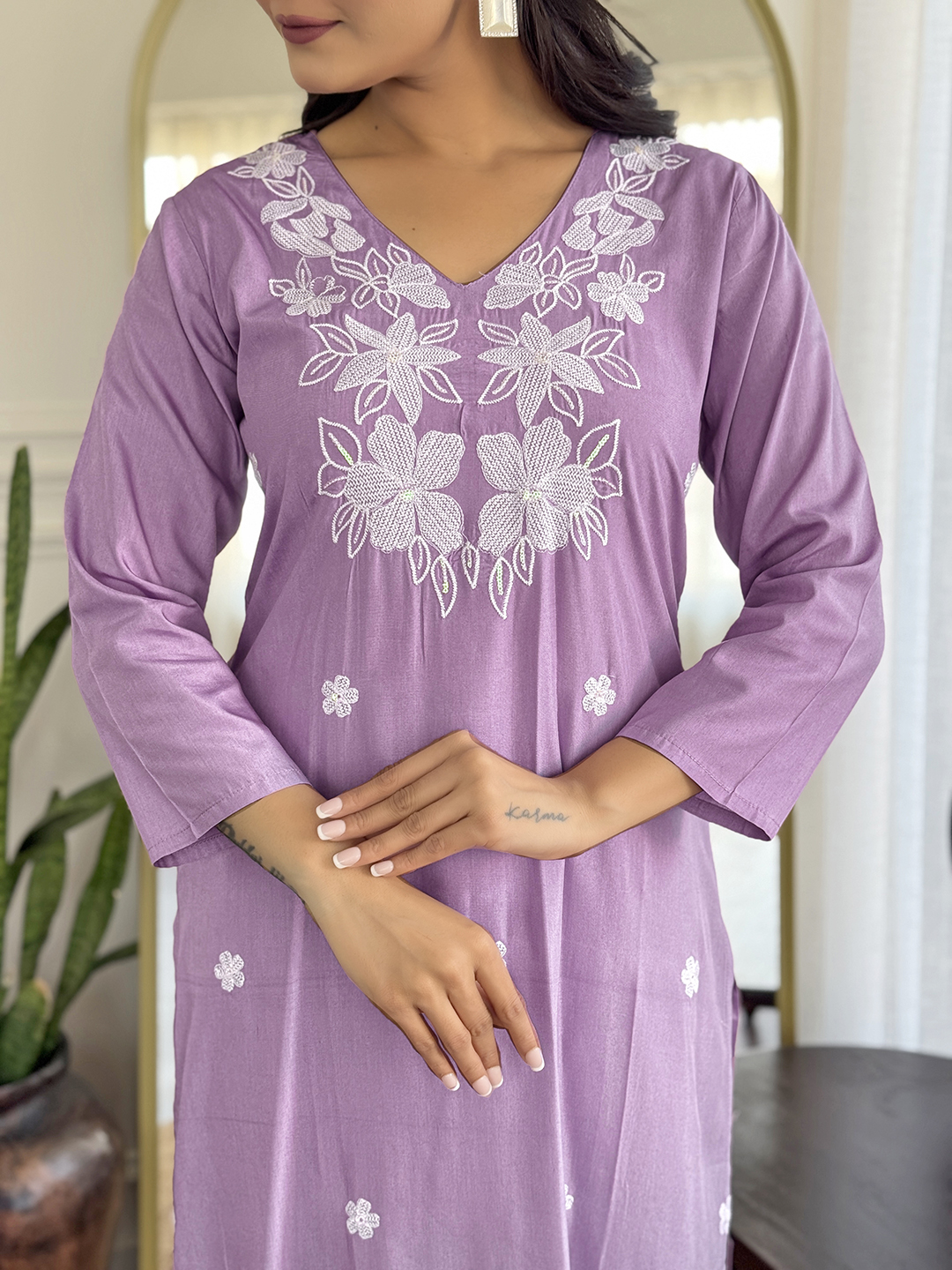 Lavender  Kurti Pant Set with Organza Dupatta