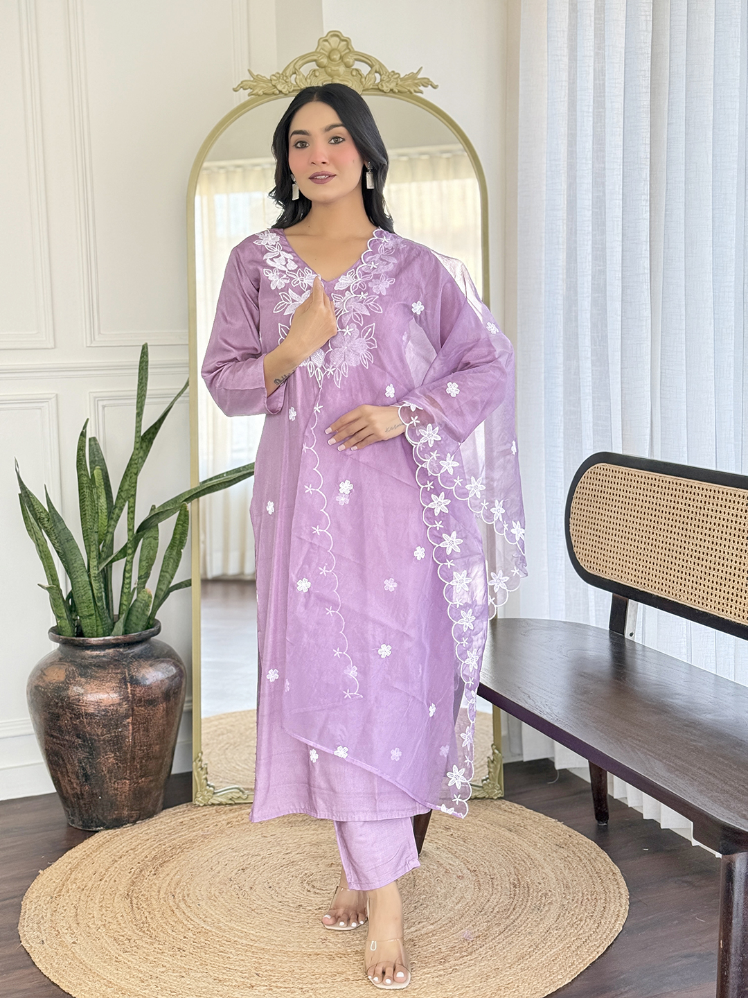 Lavender  Kurti Pant Set with Organza Dupatta