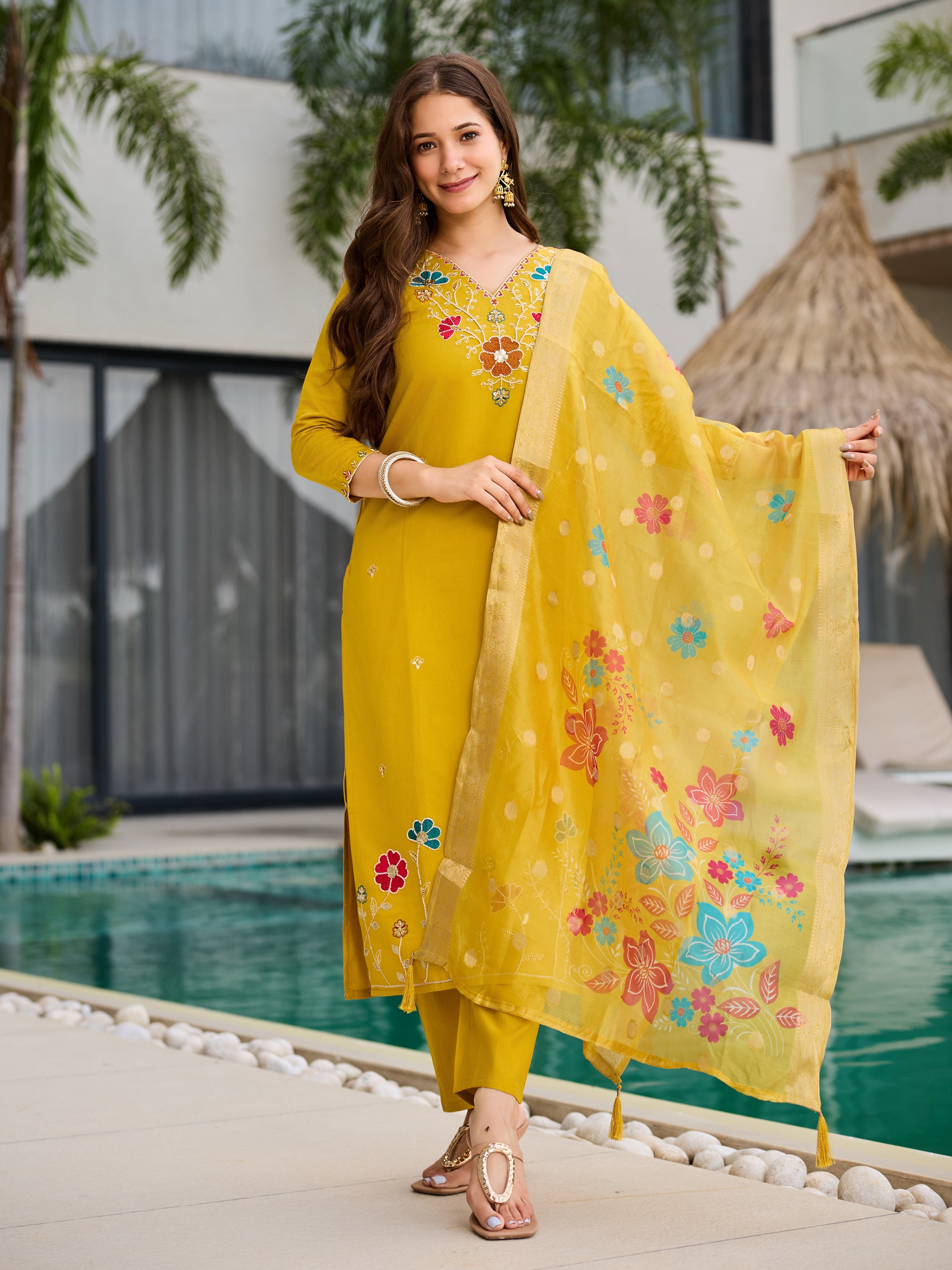 Yellow Kurti  with Organza Dupatta
