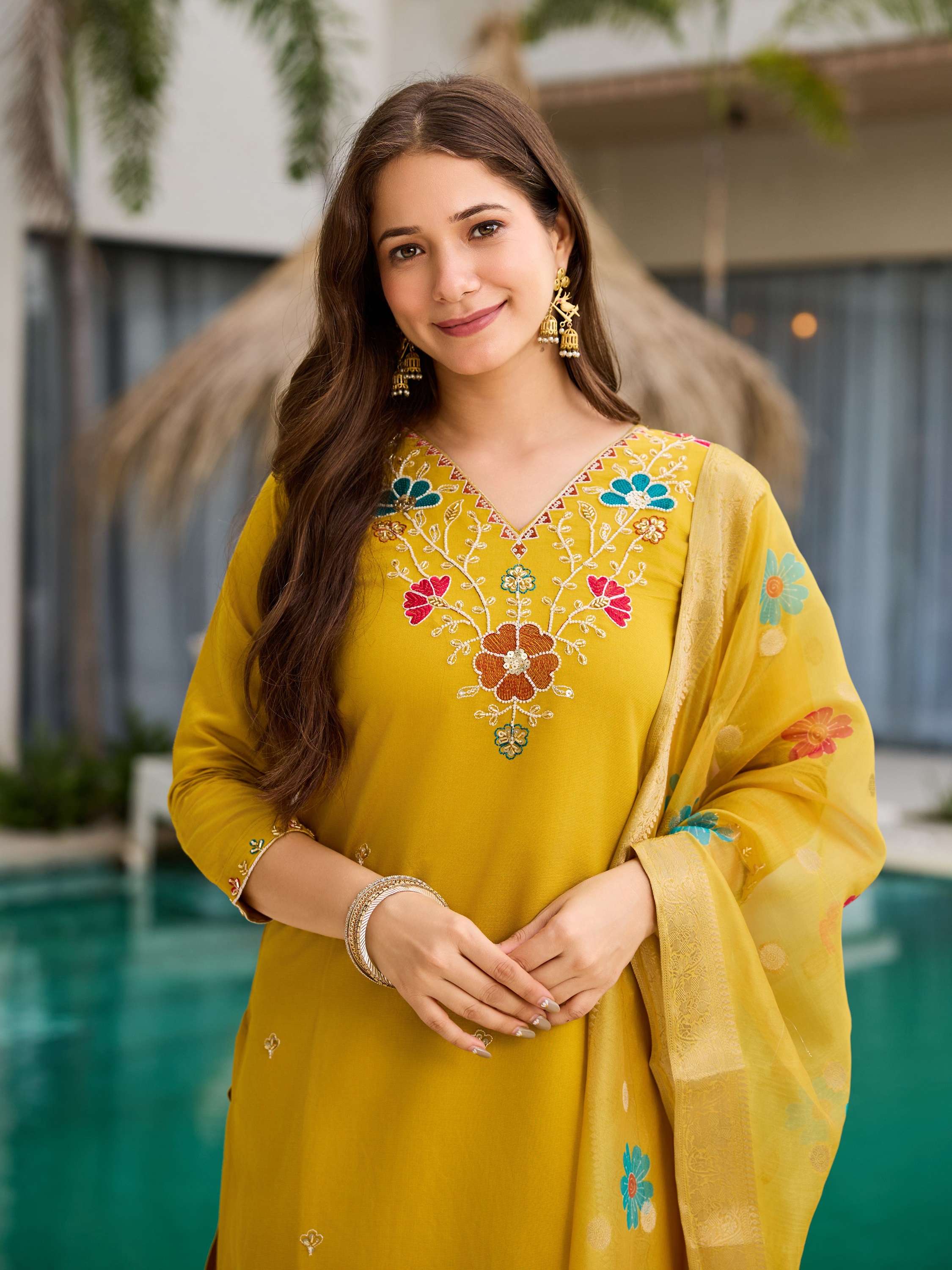 Yellow Kurti  with Organza Dupatta