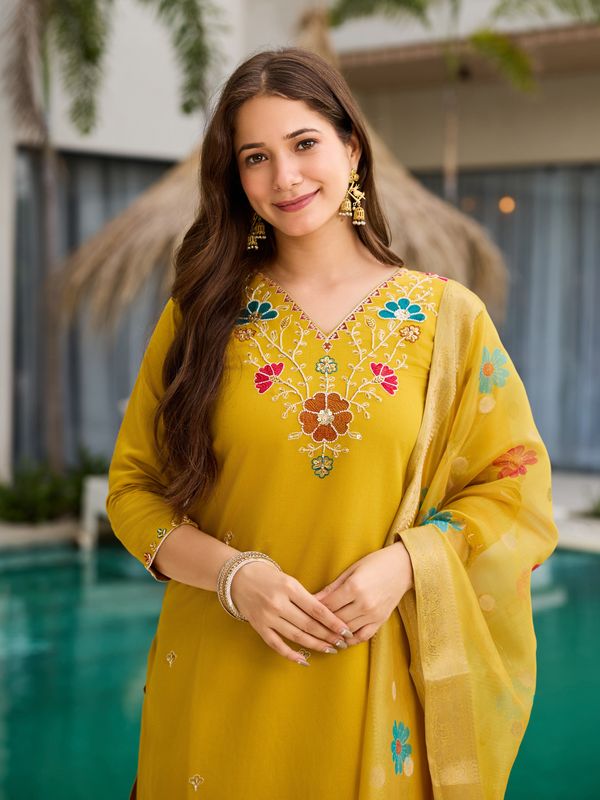 Yellow Kurti  with Organza Dupatta