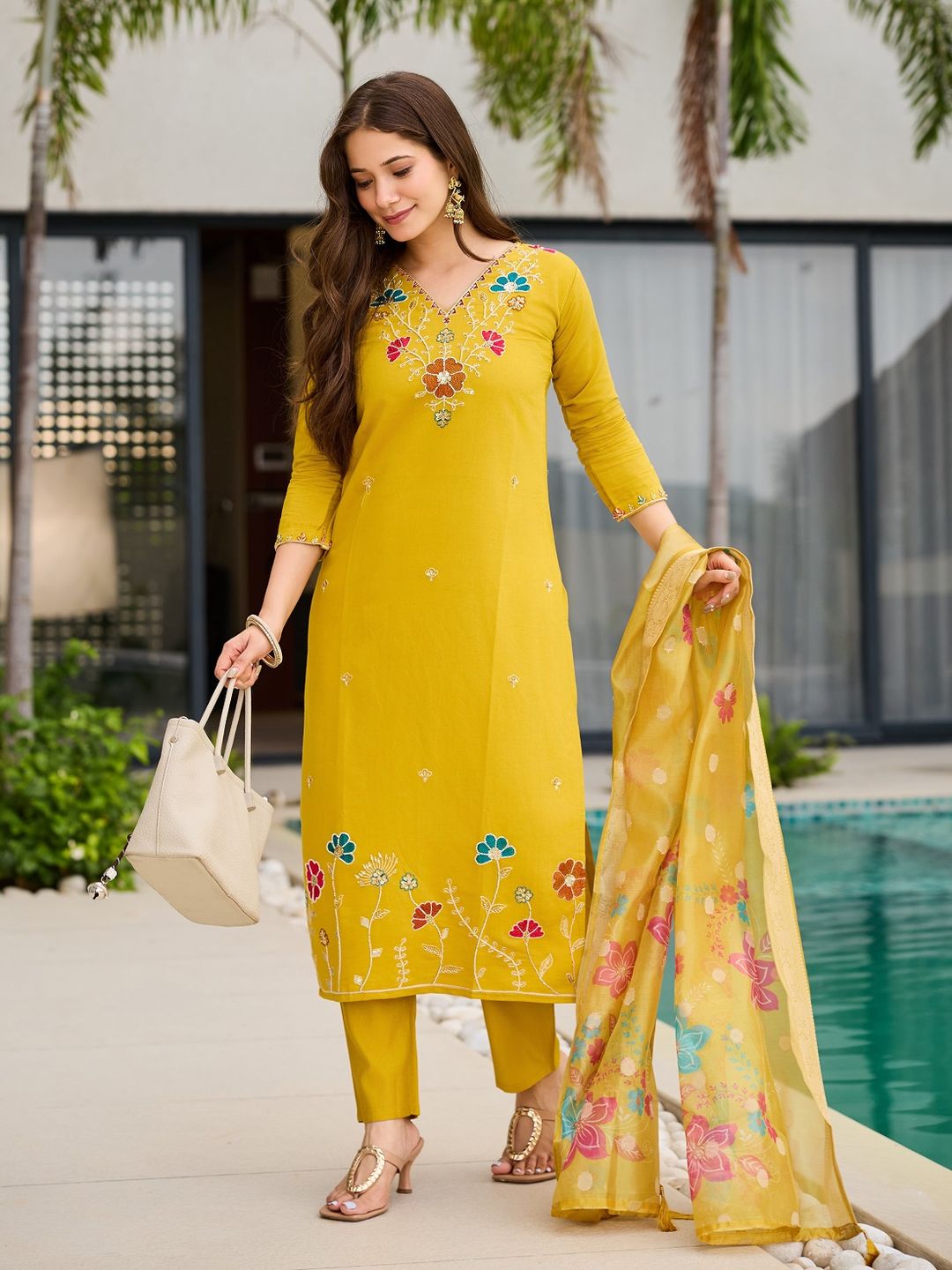 Yellow Kurti  with Organza Dupatta