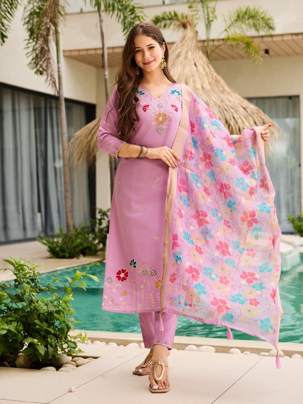 Lavender  Kurti Set With  Dupatta