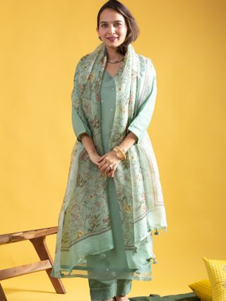 Green Chanderi Embroidered Salwar Suit with Organza Dupatta