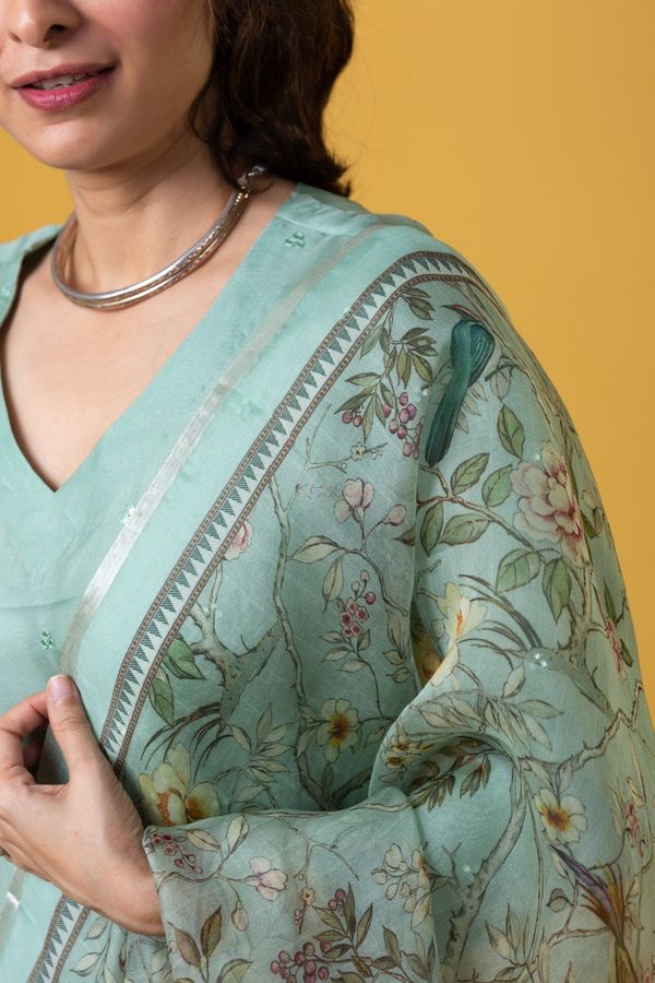 Green Chanderi Embroidered Salwar Suit with Organza Dupatta