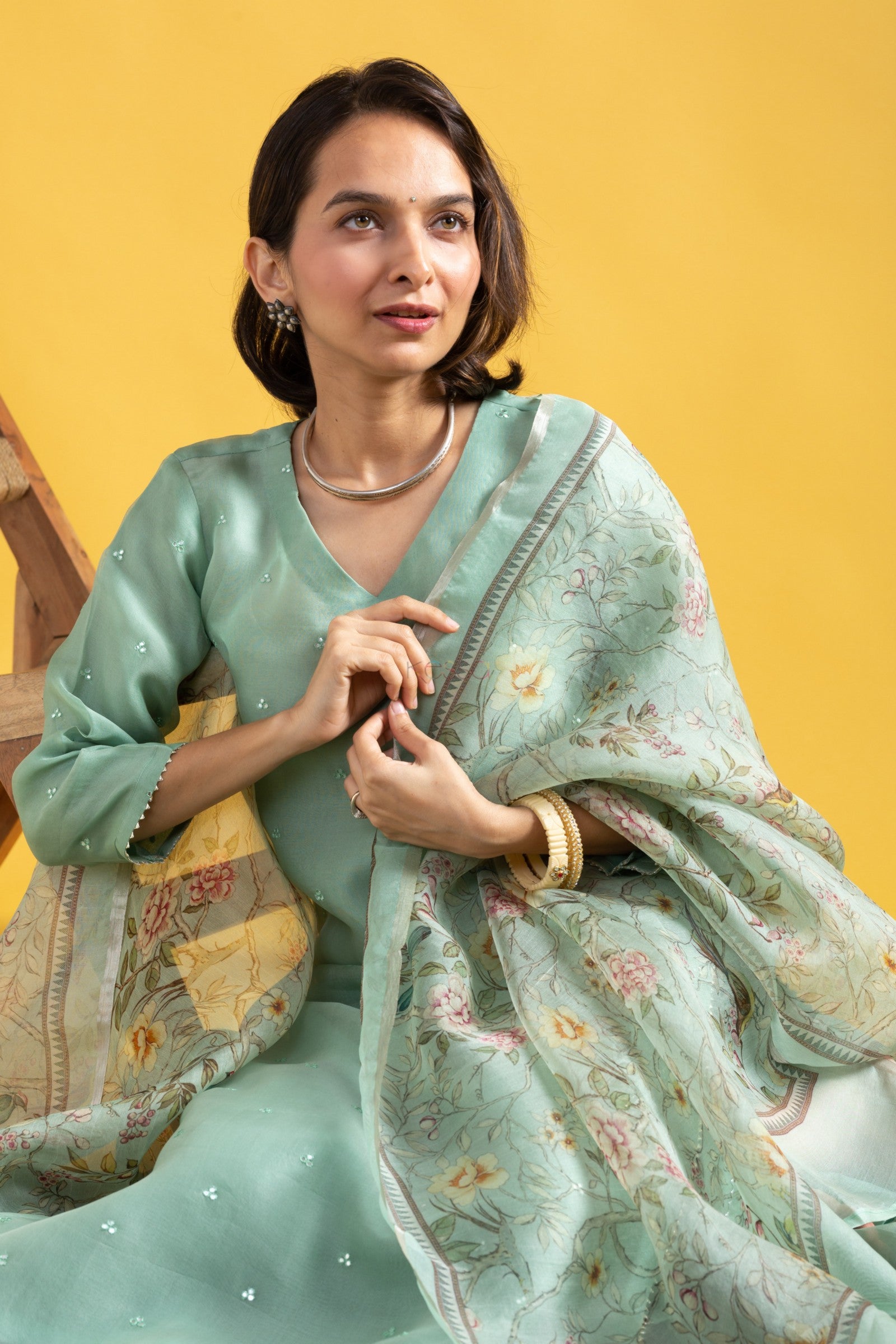 Green Chanderi Embroidered Salwar Suit with Organza Dupatta